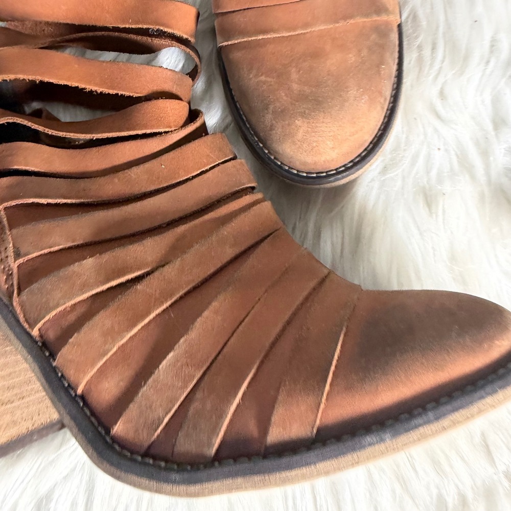 Free People Joe Tan Leather Strappy Block Heel Ankle Boots Brown Boho Zip Back - Picture 4 of 12